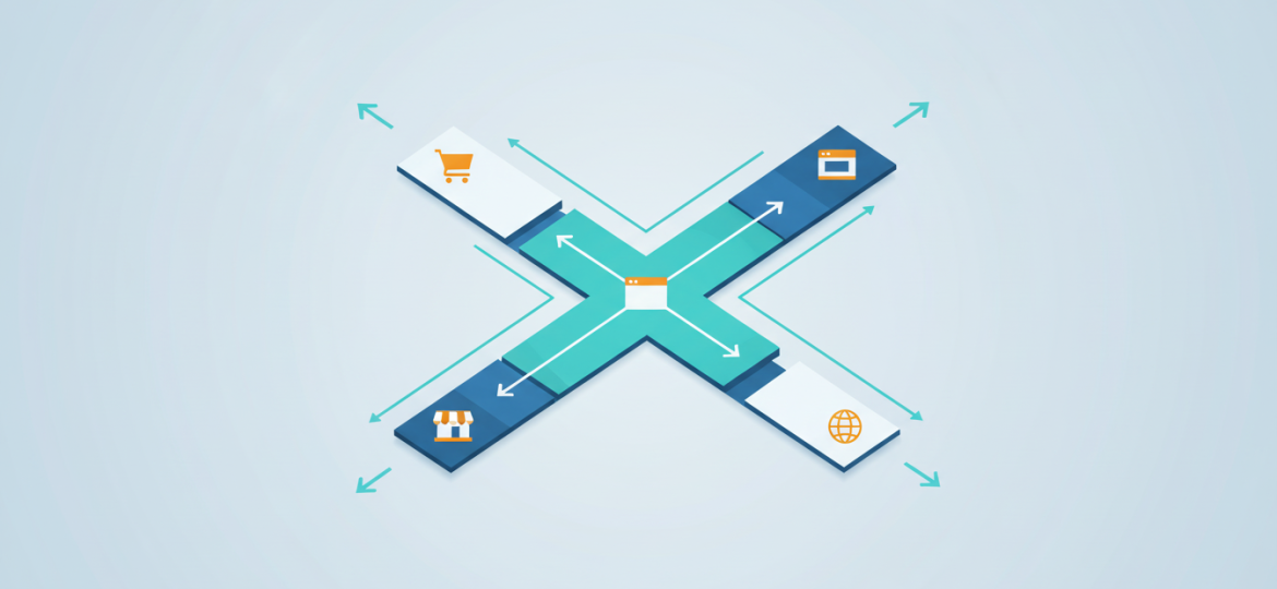 Strategic pathway illustration showing ecommerce platform decision-making process for choosing between WooCommerce, Shopify, Magento, and Squarespace